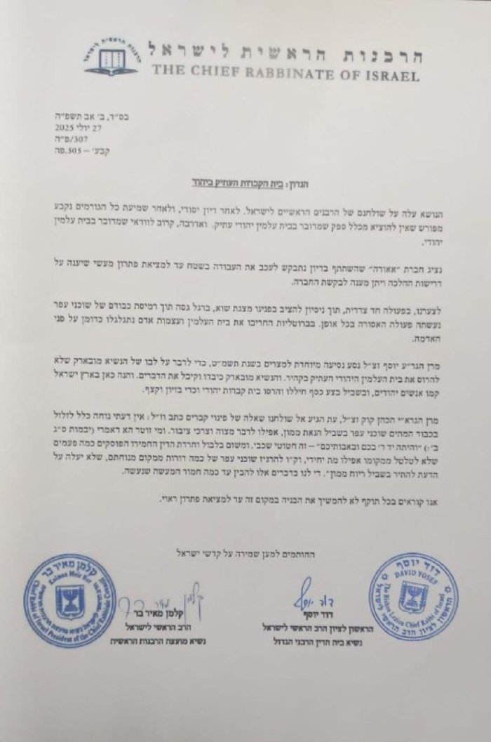 אלי הירשמן:הרבנים הראשיים מצטרפים למאבק הקנאים, ודורשים מחברת אאורה לעצור את העבודות במתחם שבו התגלו קברים עתיקים ביהוד. במכתב שפרסמו הם תקפו בחריפות: אנו קוראים בכל תוקף להפסיק את הבנייה במקום